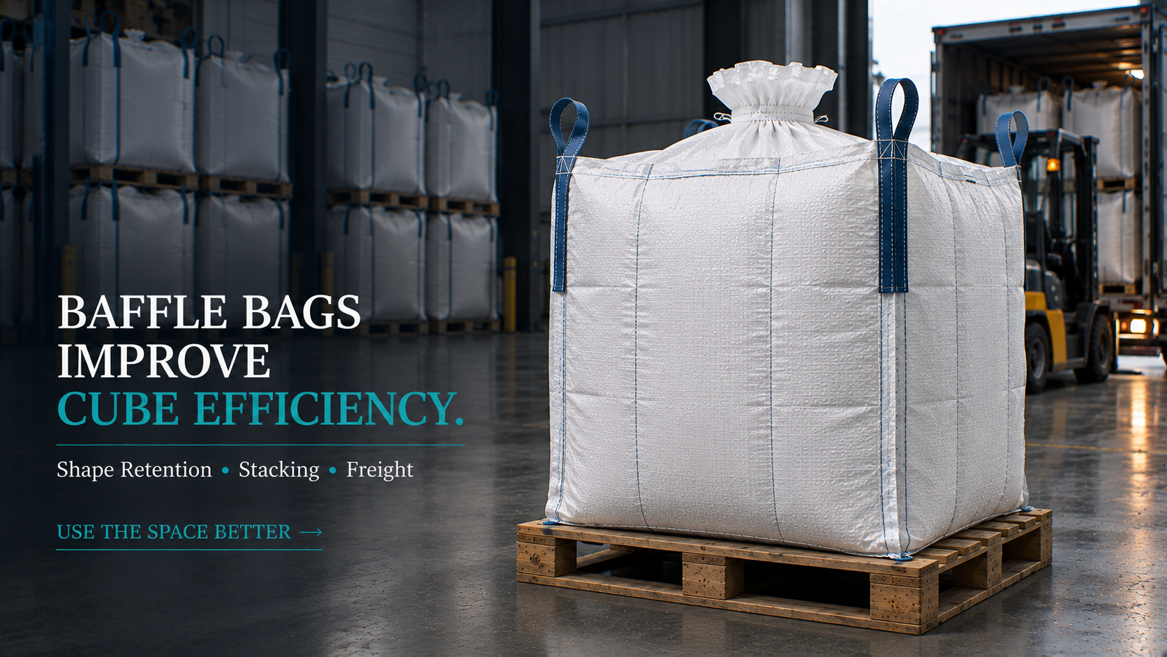 Baffle FIBC bags improving cube efficiency shape retention stacking and freight use