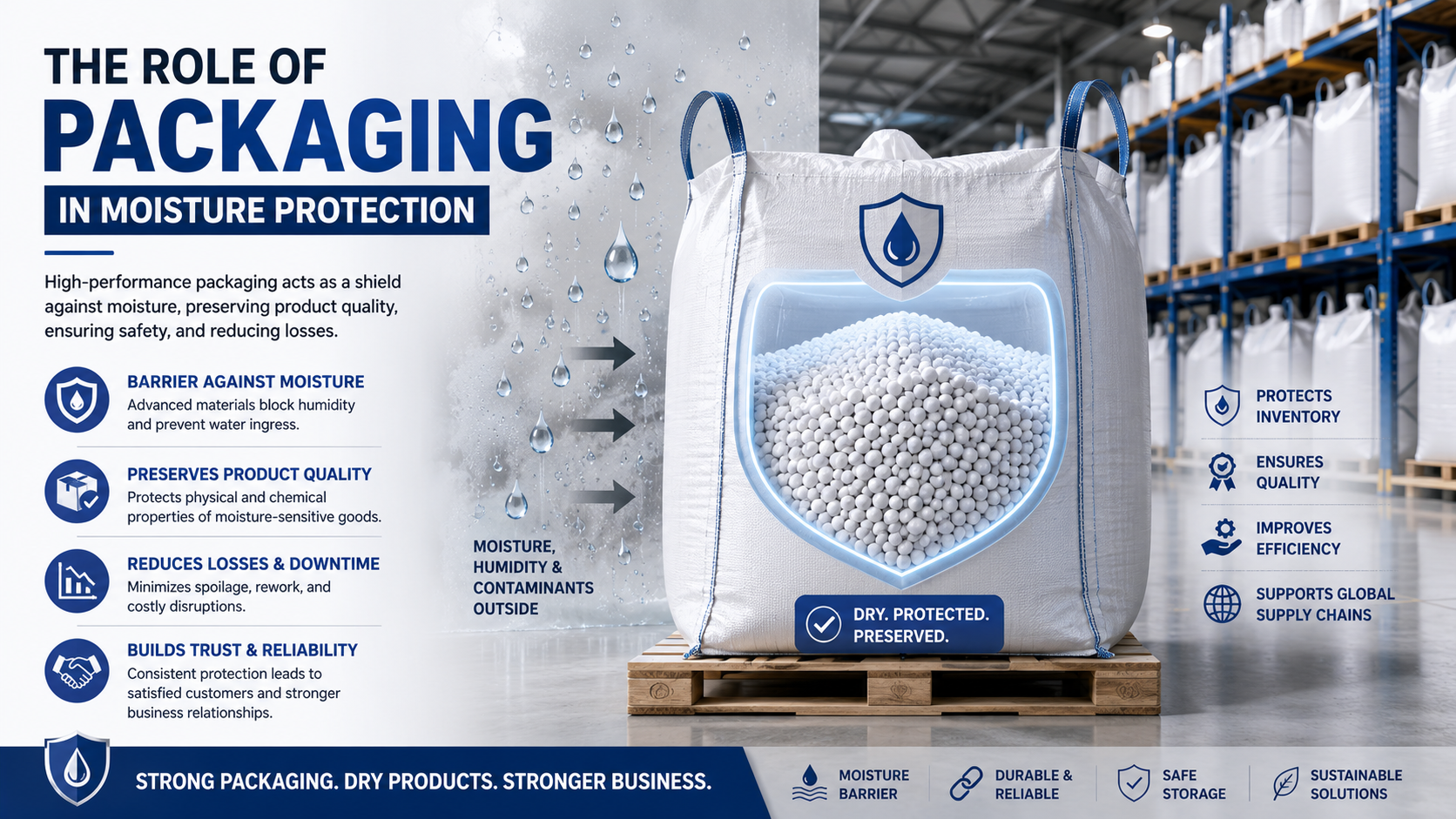 Industrial packaging protecting products from moisture damage during storage