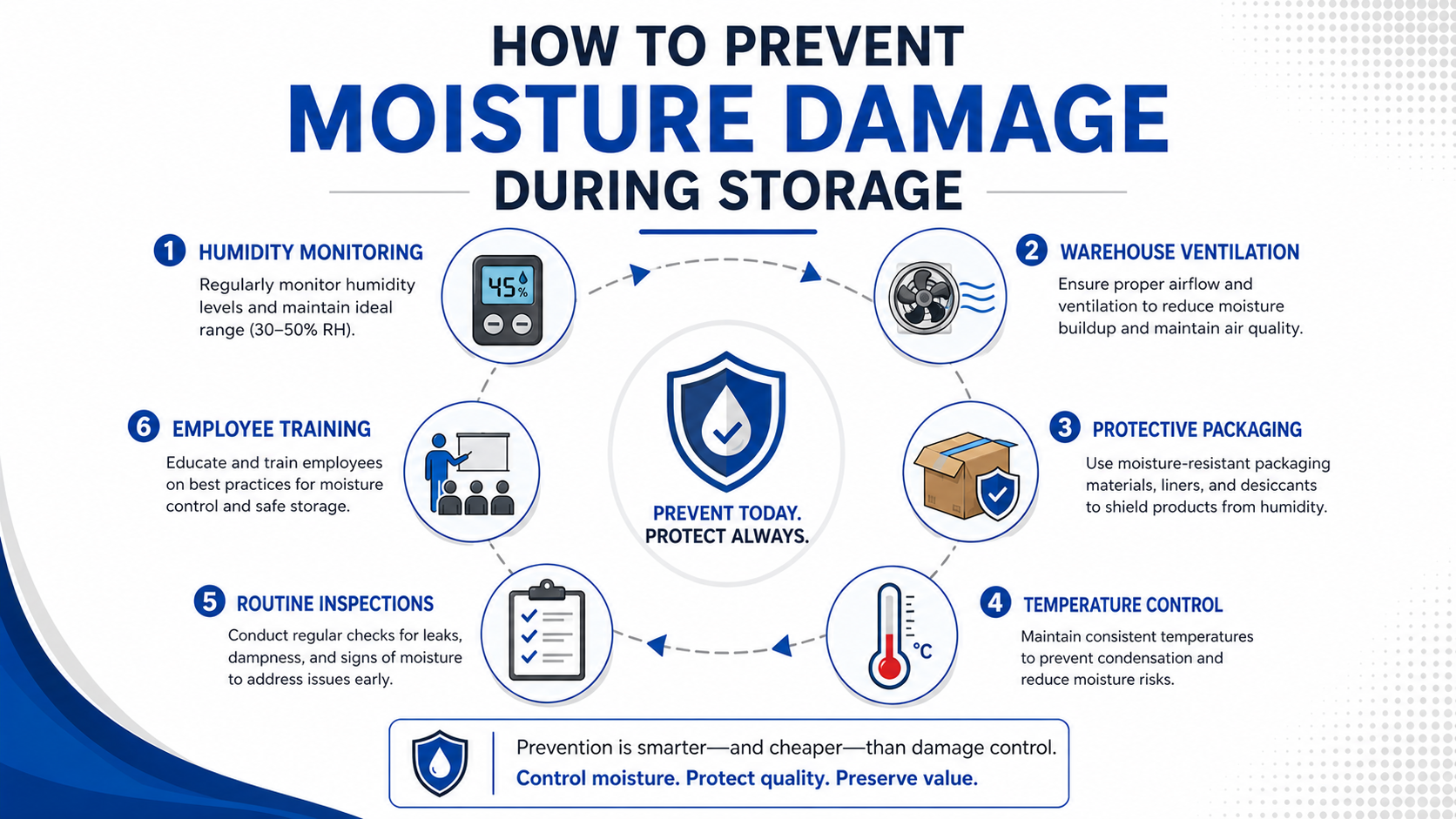 Infographic showing practical ways to prevent moisture damage during industrial storage