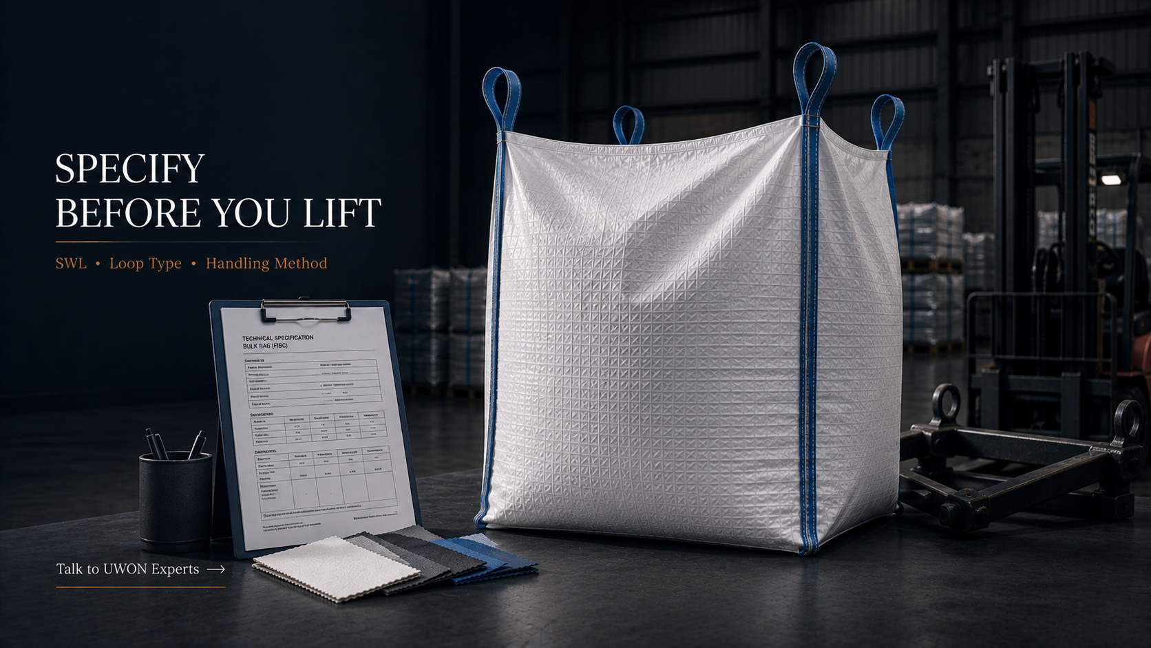 Buyer specifying FIBC lifting loop configuration and handling requirements