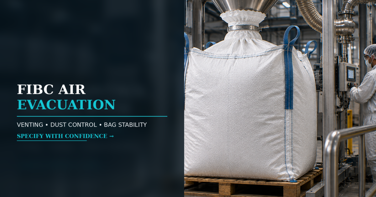 FIBC air evacuation during filling with dust control and bag stability considerations