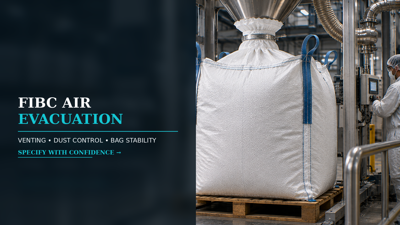 FIBC air evacuation during filling with dust control and bag stability considerations