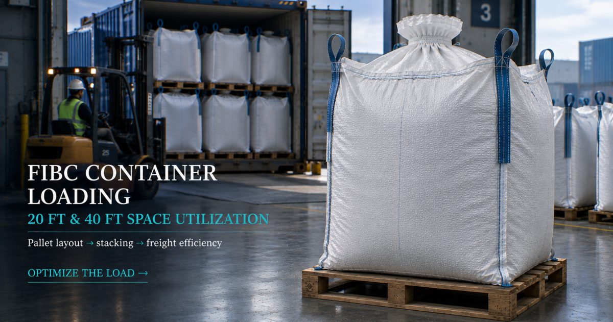 FIBC container loading showing pallet layout and space utilization for 20 ft and 40 ft containers