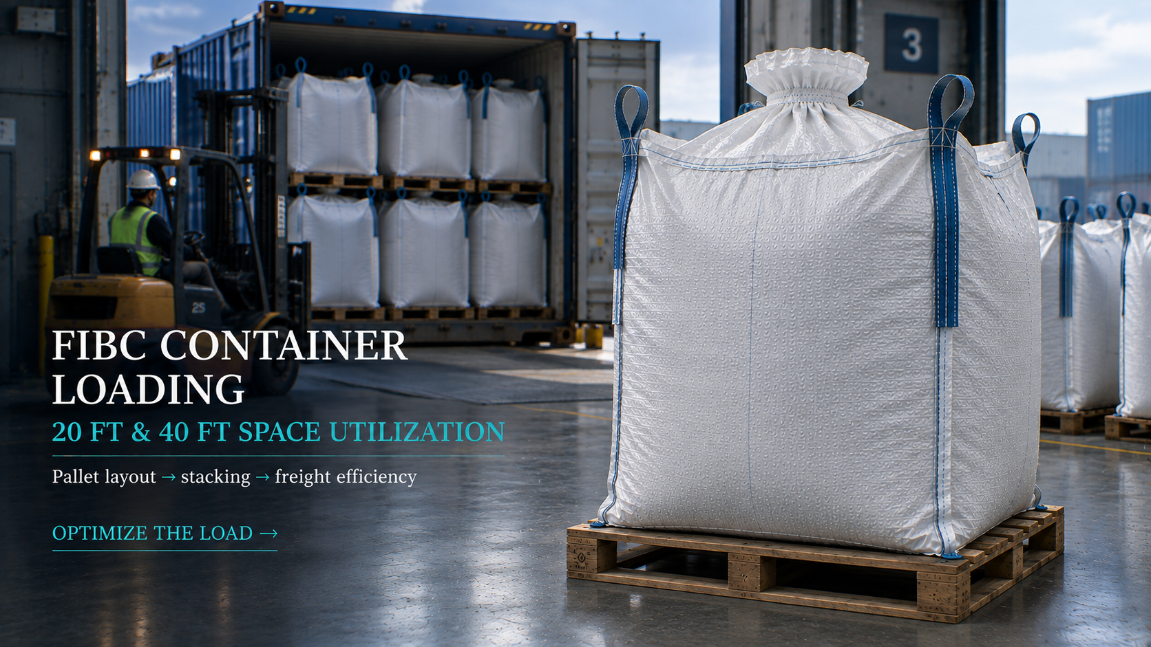 FIBC container loading showing pallet layout and space utilization for 20 ft and 40 ft containers