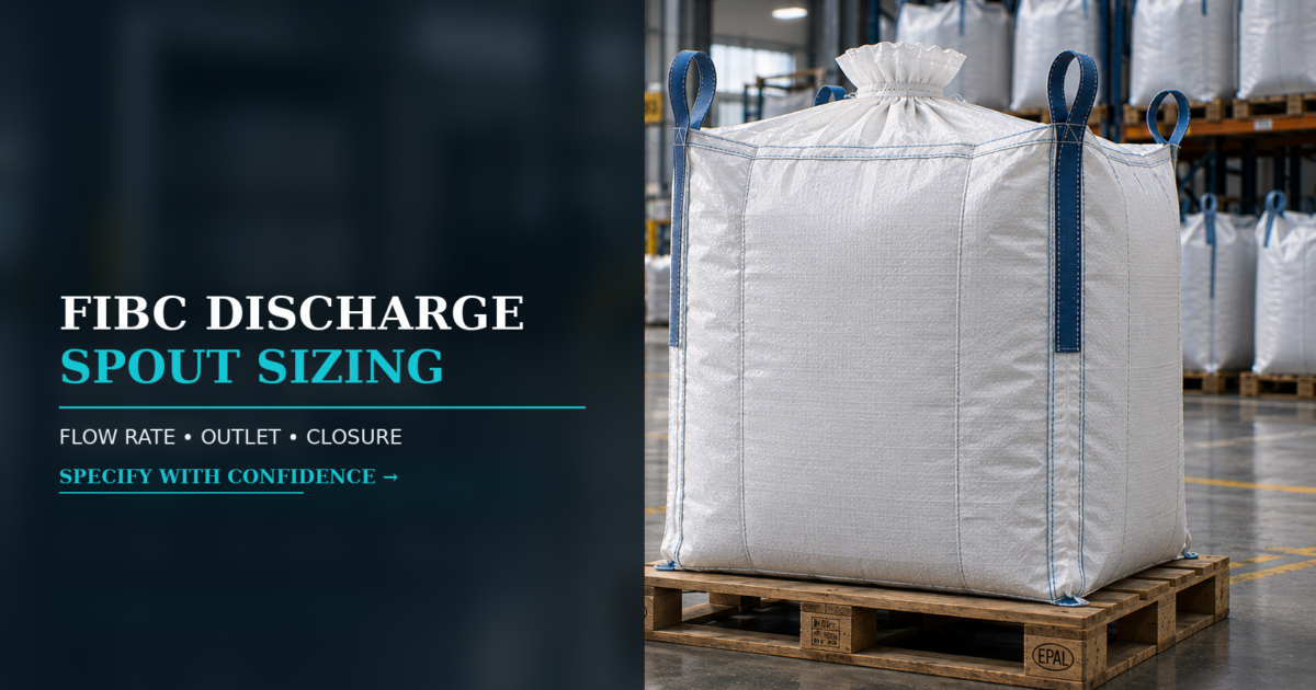 FIBC discharge spout sizing for flow rate outlet diameter and closure selection