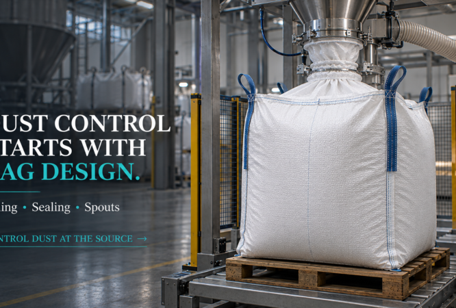 FIBC bag design for dust control during filling sealing and handling
