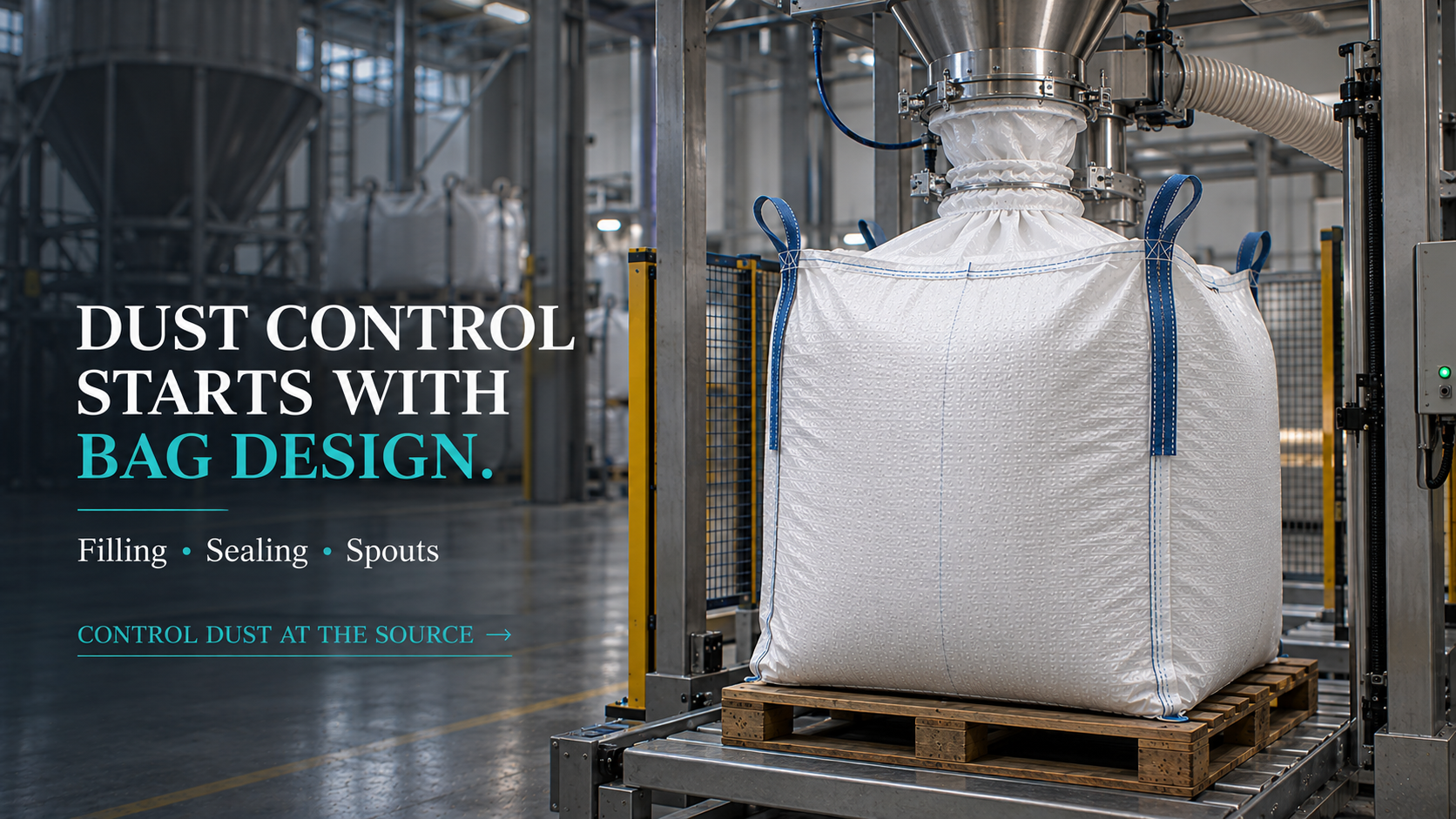 FIBC bag design for dust control during filling sealing and handling