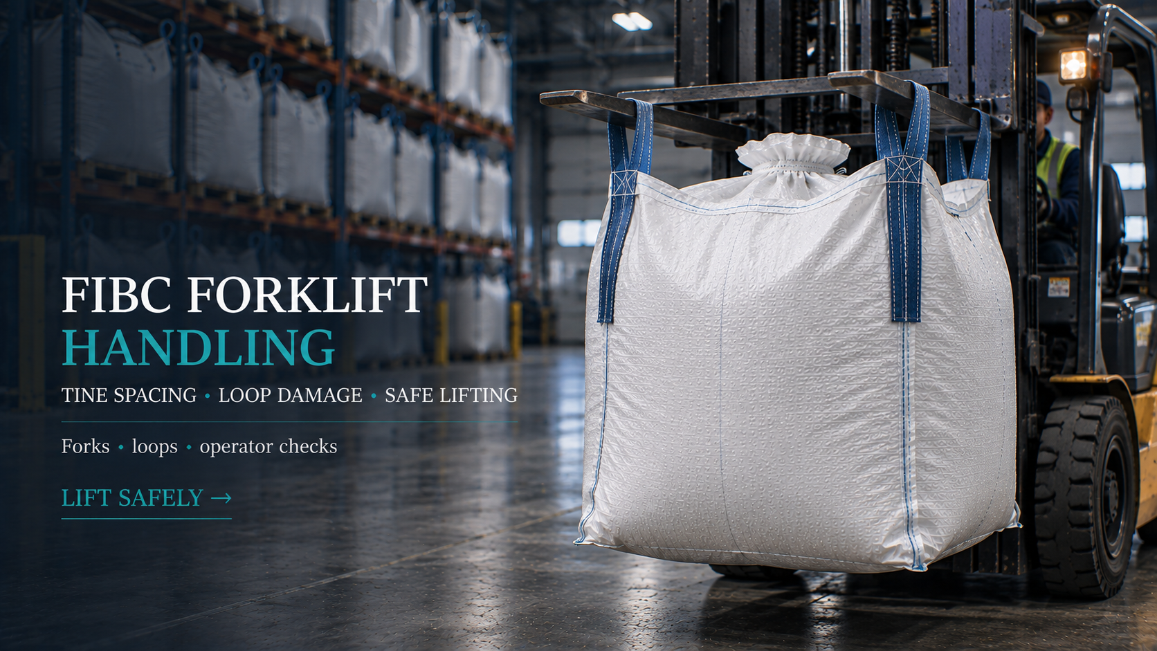 Safe forklift handling of an FIBC jumbo bag with correct tine spacing and lifting loops