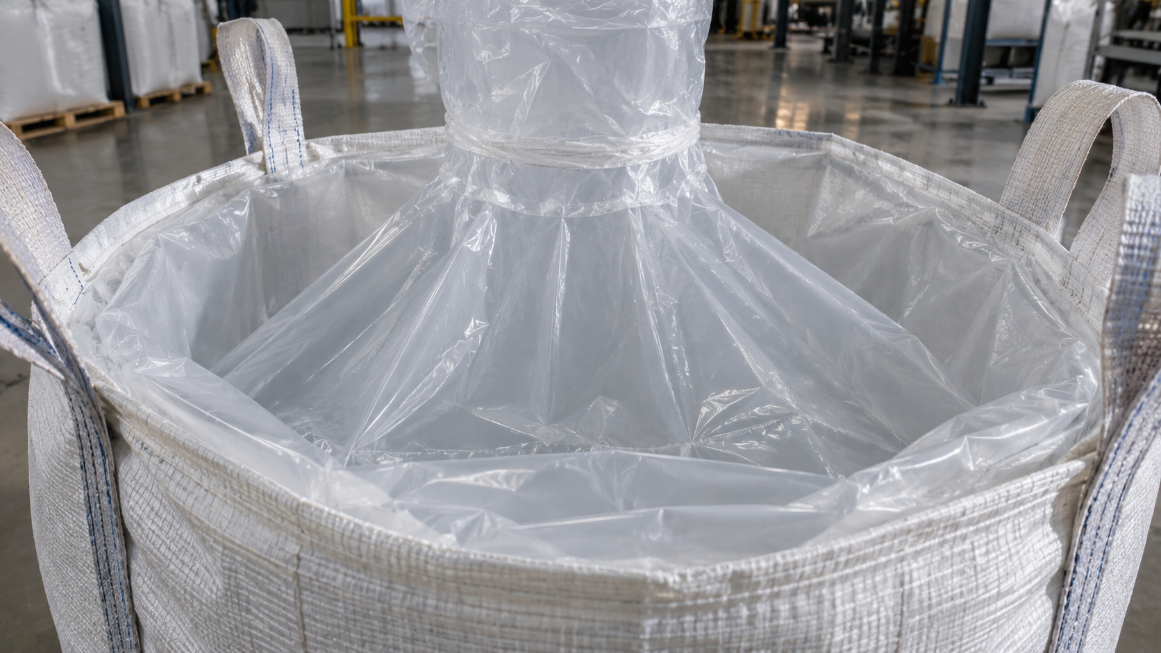 FIBC liner close-up showing translucent inner film inside a woven polypropylene bulk bag