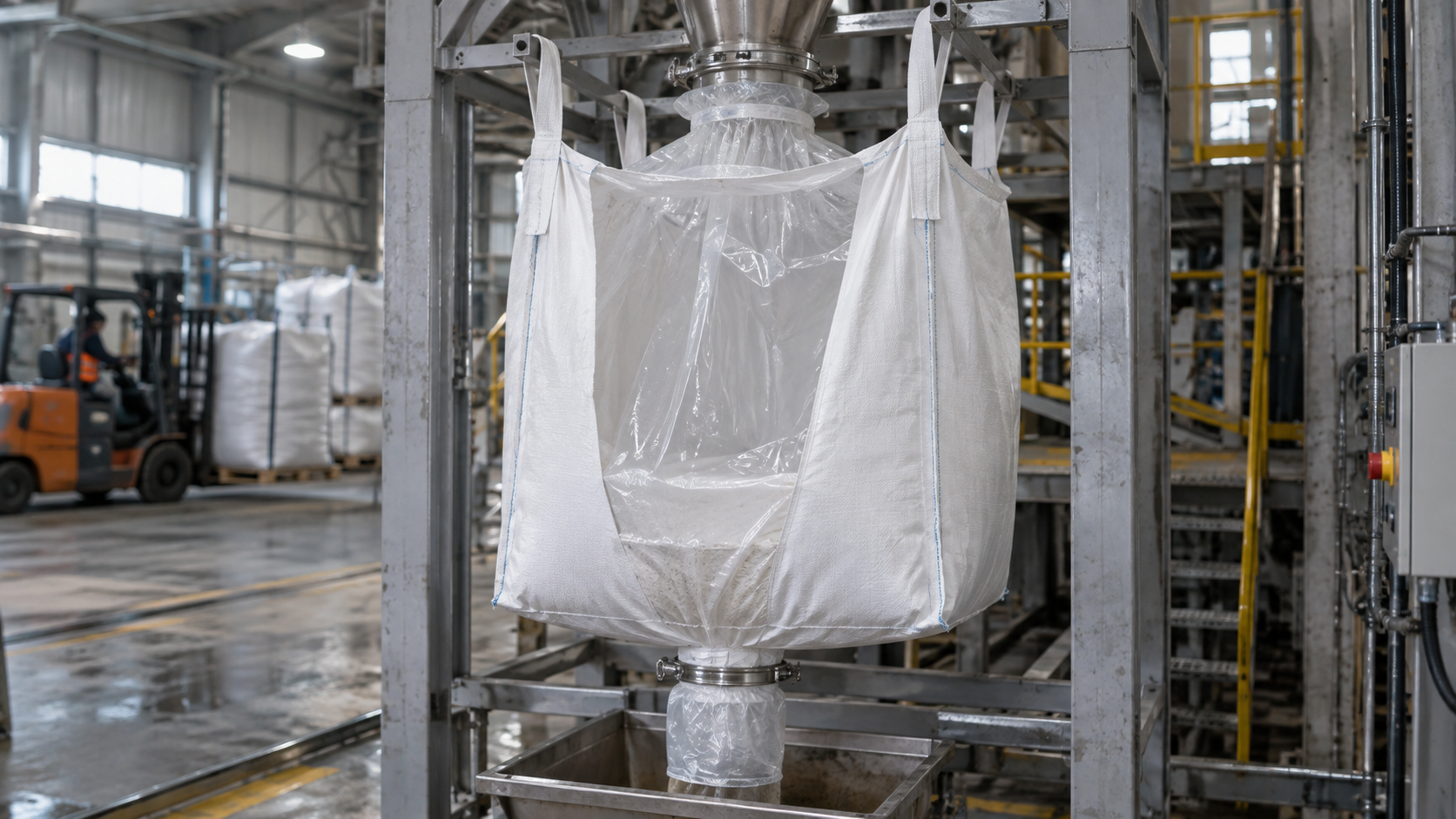 FIBC liner connected to industrial bulk handling equipment