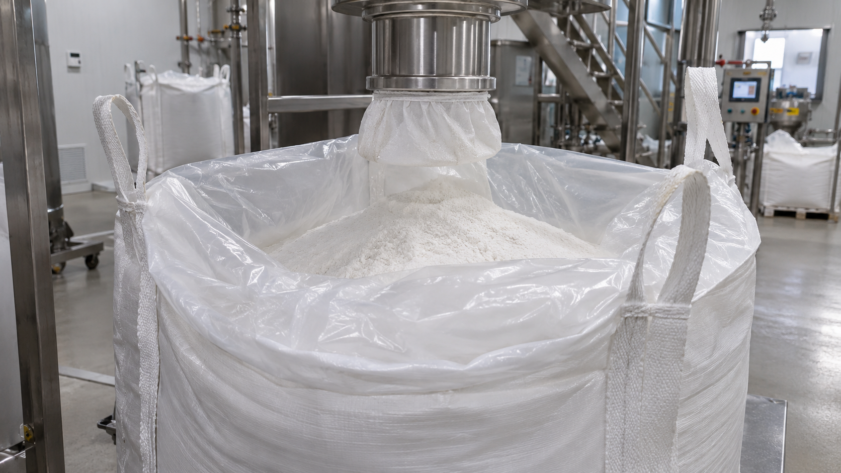 FIBC liner positioned inside a bulk bag at an industrial filling station