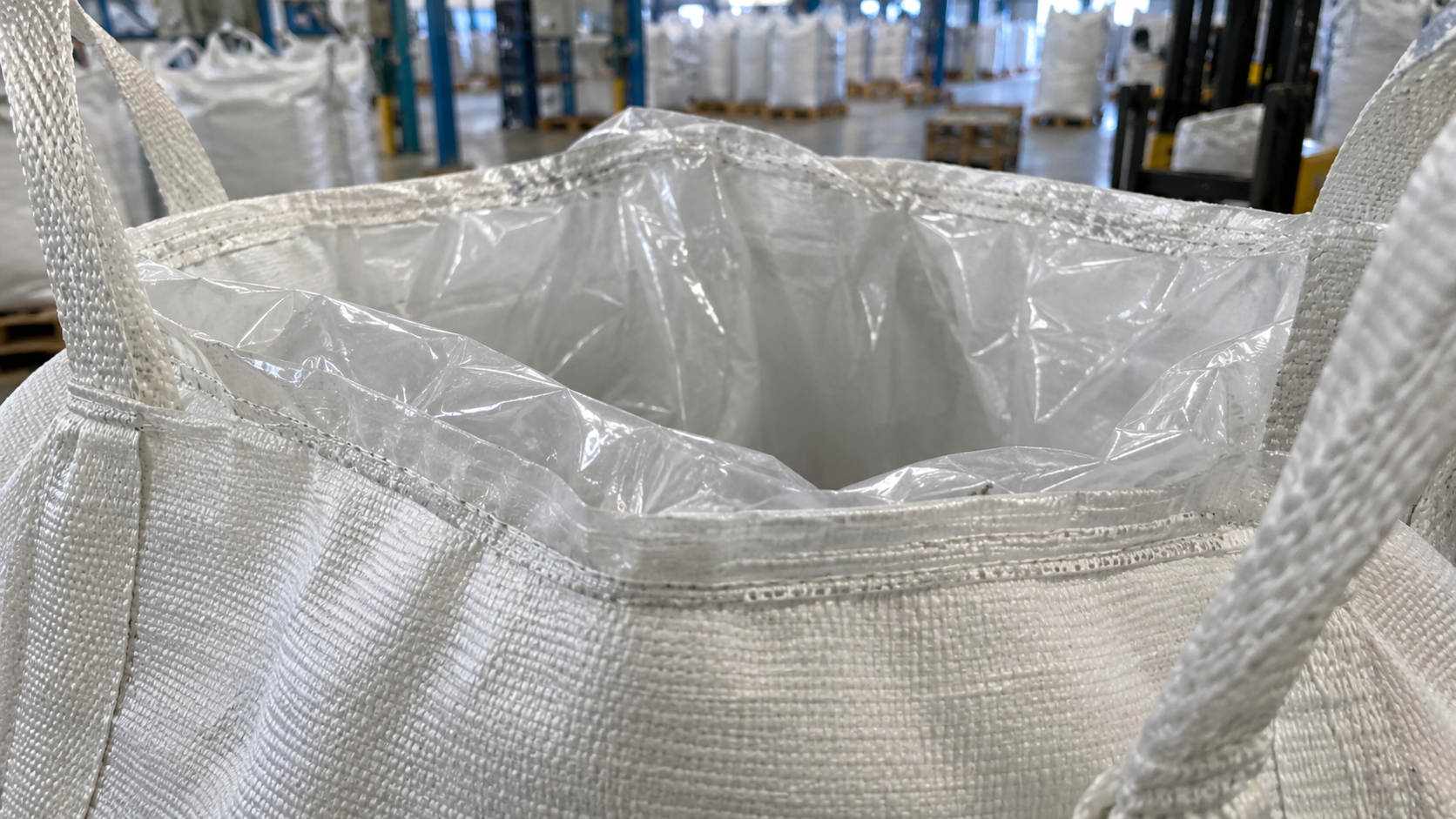FIBC liner film detail showing inner film and woven polypropylene bulk bag construction
