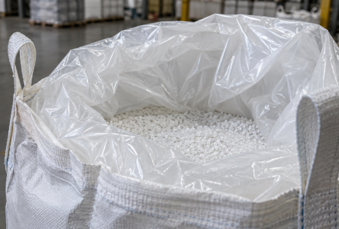 FIBC liner containing white resin pellets inside a woven polypropylene bulk bag