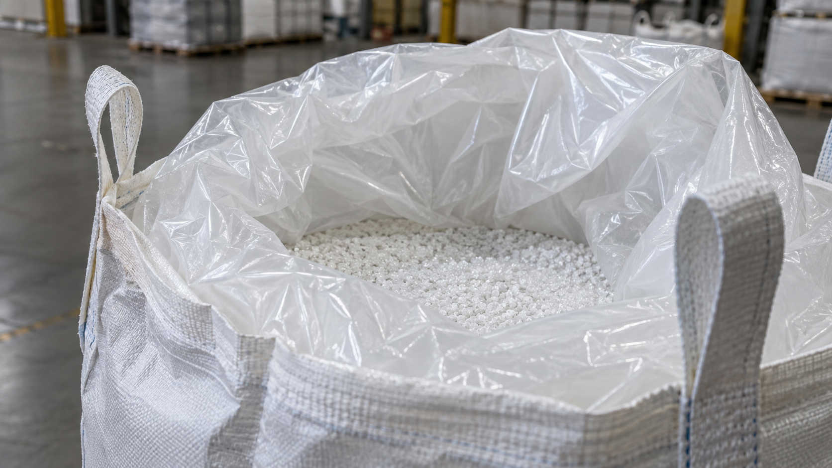 FIBC liner containing white resin pellets inside a woven polypropylene bulk bag