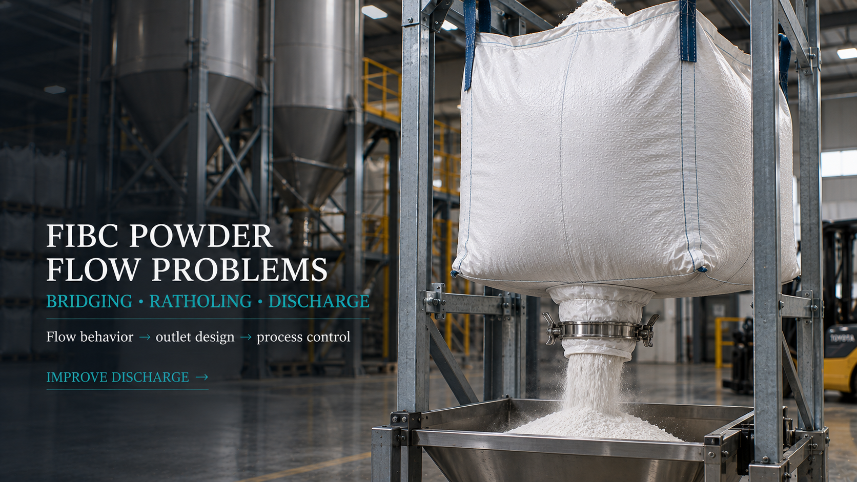 FIBC powder discharge showing bridging, ratholing and controlled flow from a jumbo bag