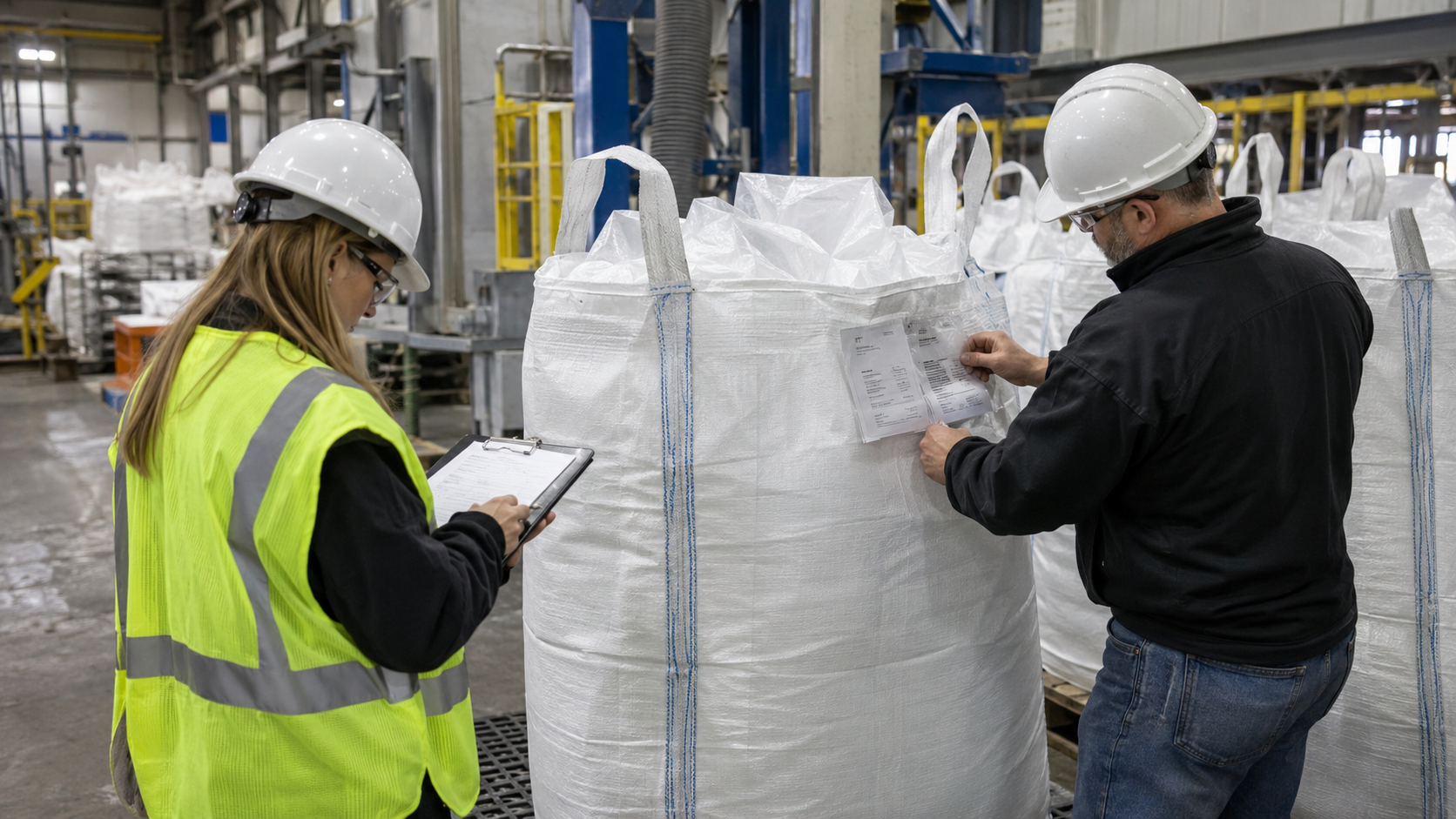 FIBC jumbo bag quality-control inspection with production records and documentation