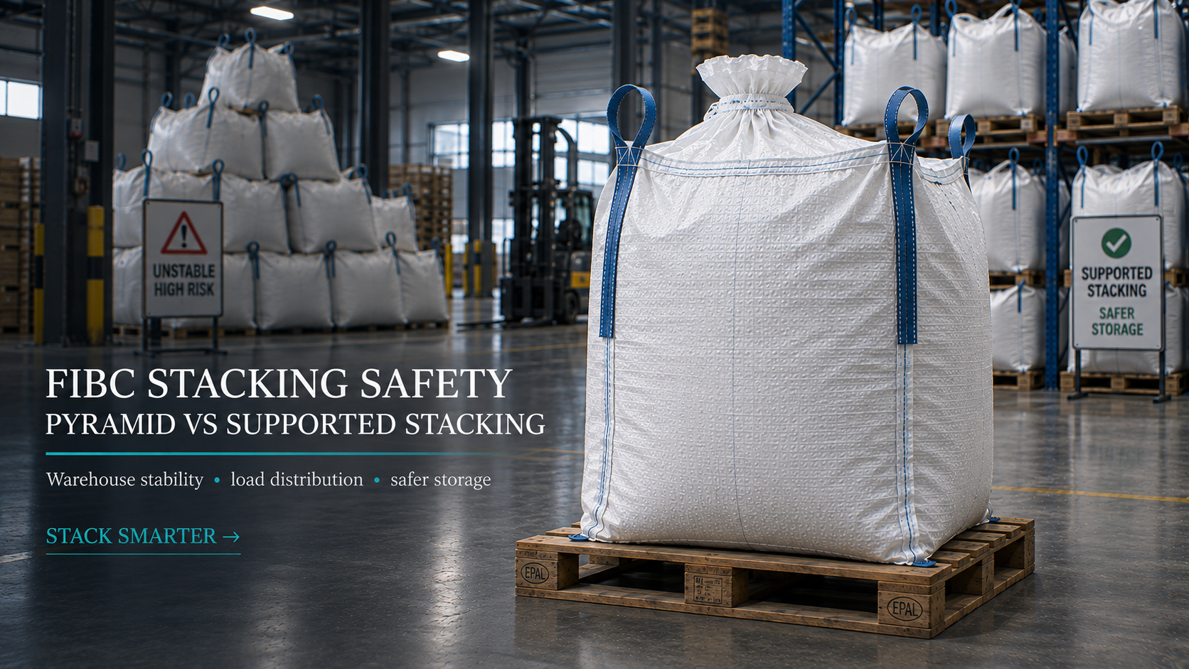 FIBC stacking safety showing pyramid versus supported stacking in a warehouse