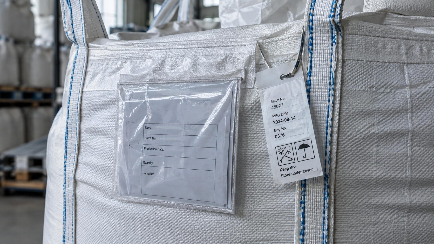 FIBC identification tag and document pocket used for batch traceability
