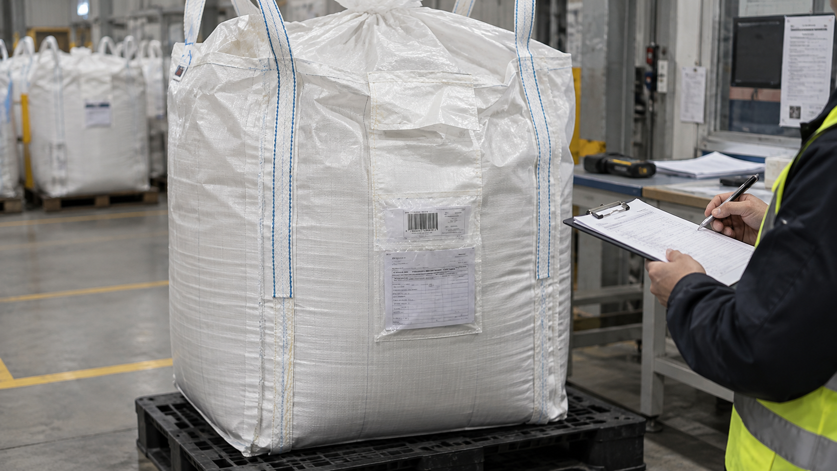 FIBC jumbo bag undergoing quality inspection with traceability documents in an industrial facility