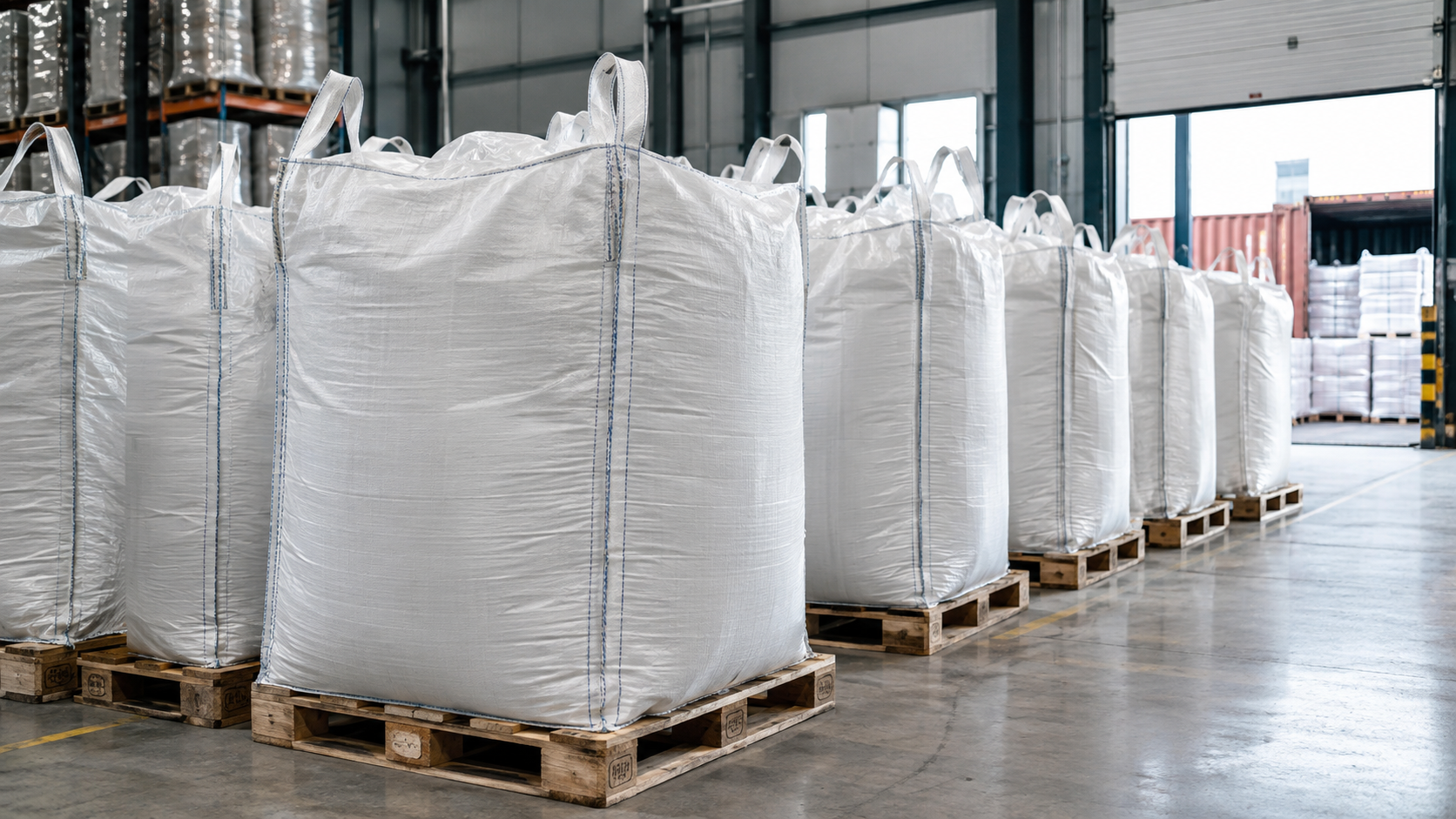 White FIBC jumbo bags stored on pallets in an industrial warehouse