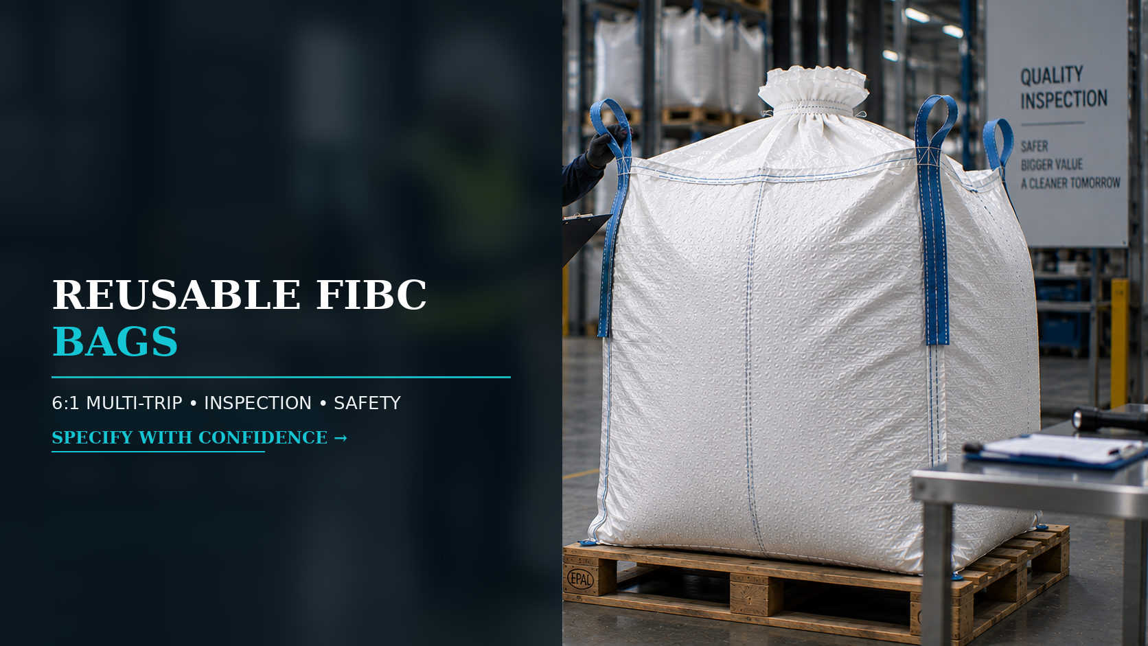 Reusable FIBC bag inspection checking loops seams fabric and safety before reuse